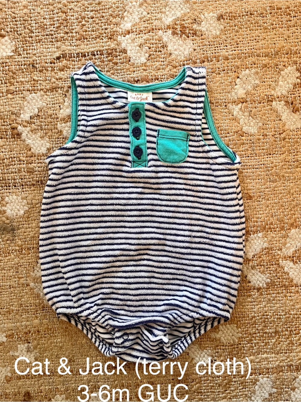 Cat & Jack Navy and Teal Striped Terry Baby Romper